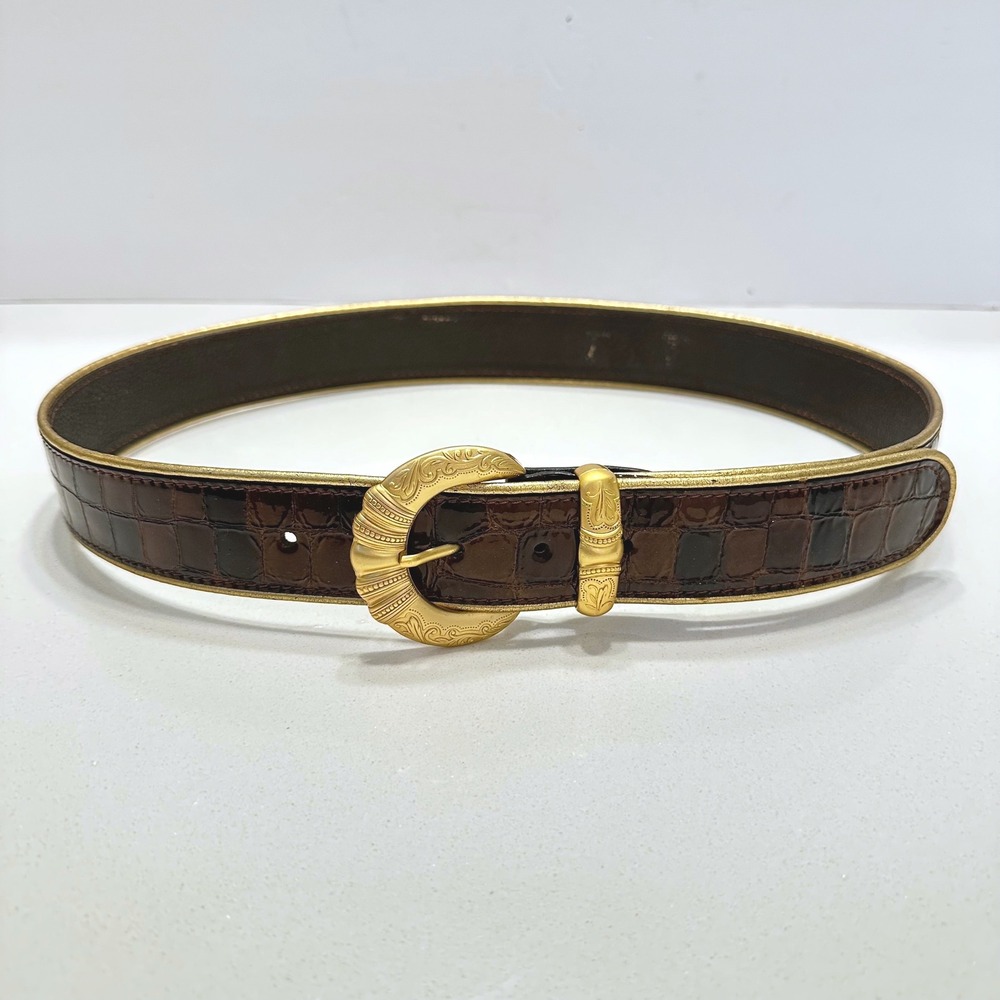 Nanni Italy Brown Crocodile Embossed‎ Leather Belt Gold Engraved Buckle Size 34